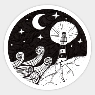 Whimsical Lighthouse Night Time Ink Illustration Sticker